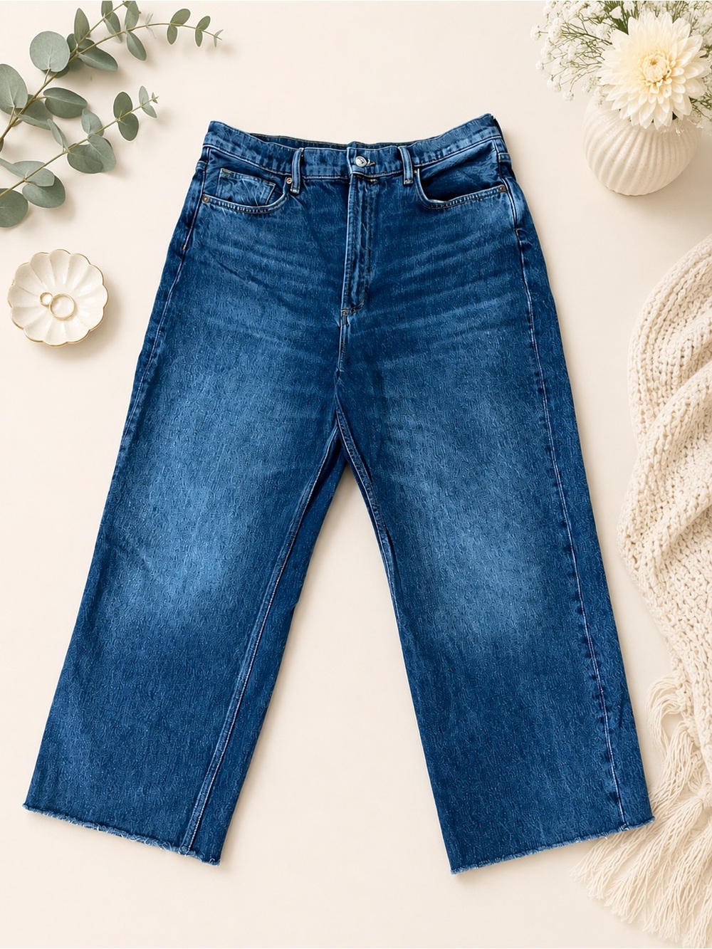 AllSaints Blake Wide Leg Jeans W30 Dark Blue Raw Hem High Rise